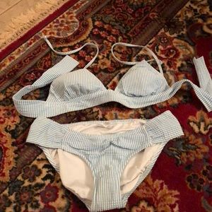 J. Crew seersucker blue white striped bikini sm/m